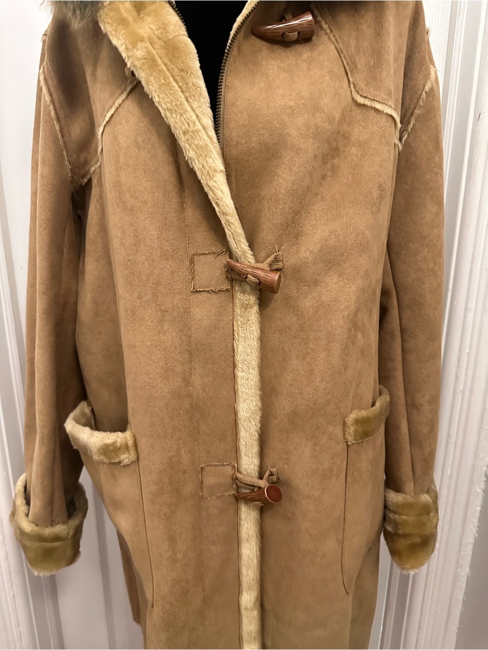 Oleg Cassini Women's Camel Tan Faux-Shearling Toggle Ski Coat with Zipper